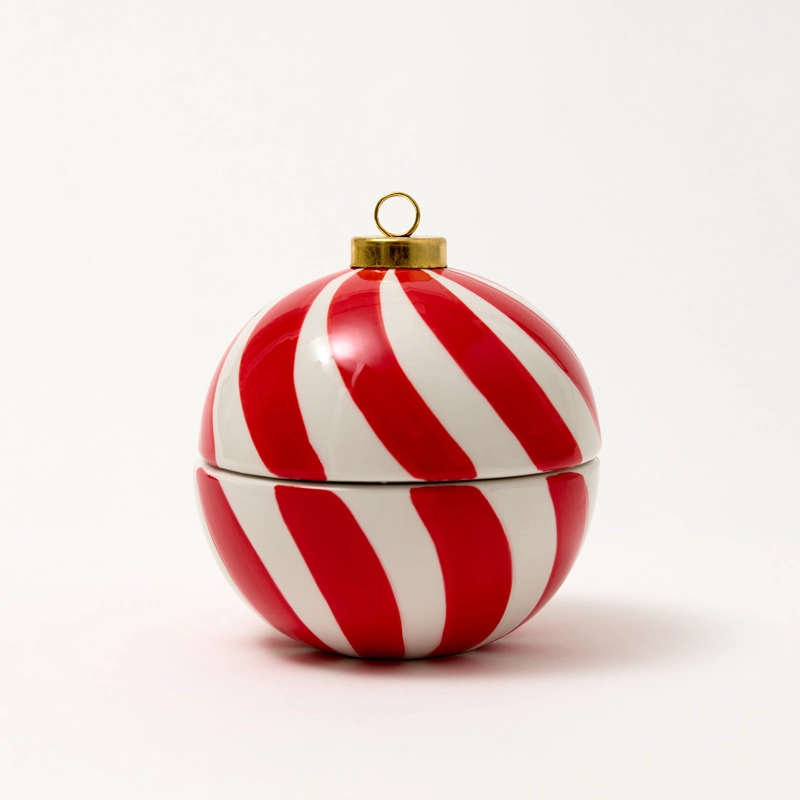 Christmas Stripe Bauble Ceramic Candle Jar – Red – Box of 4